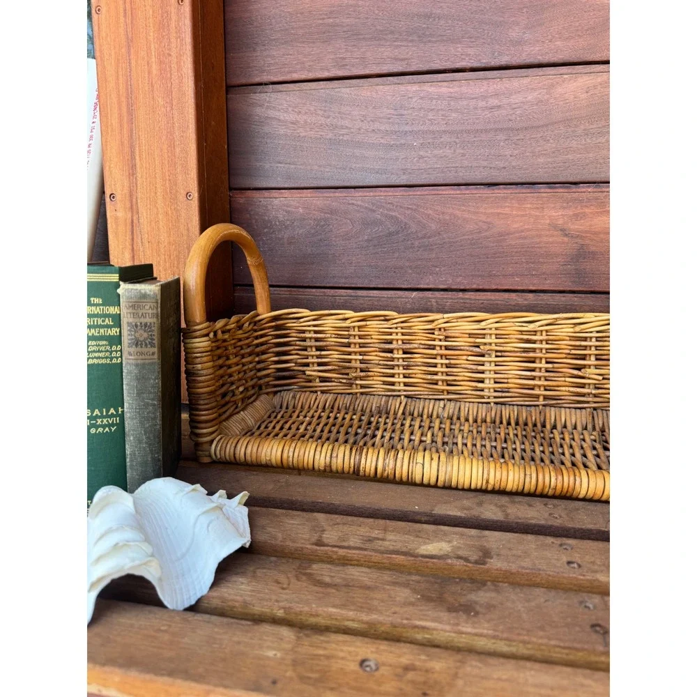 Vintage Wicker Rattan Storage Basket Rectangular Caddy with Handles 20x11x8